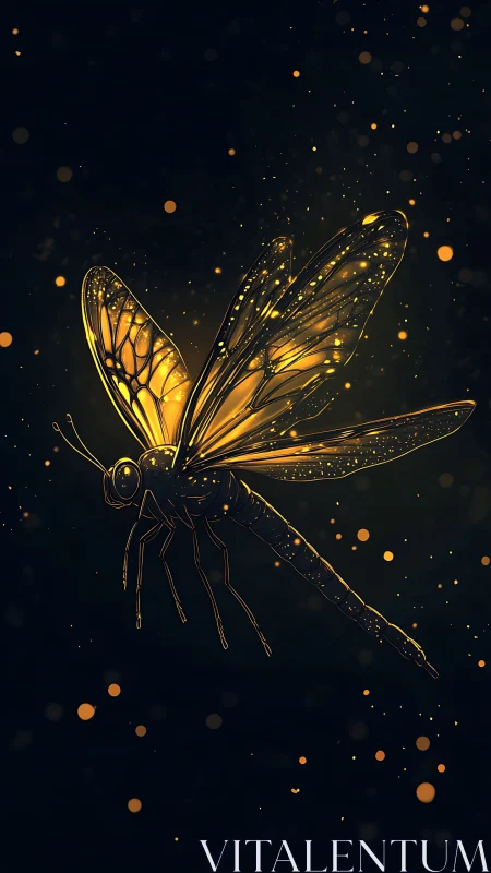 Illuminated dragonfly outline on dark abstract background.