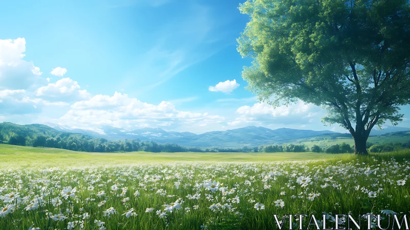 Sunlit meadow of whispering daisies under sapphire skies.