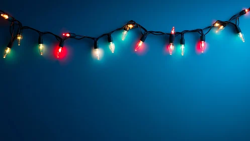 Colorful string lights glow warmly on a deep blue background