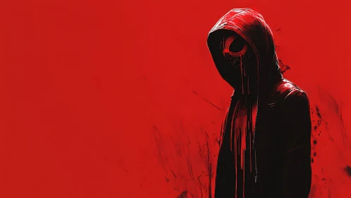 Hooded spider-mask figure rendered in high-contrast red negative space