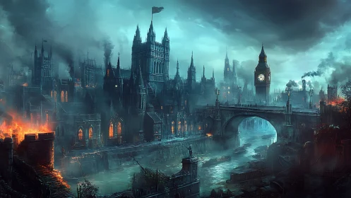 Burning gothic cityscape under stormy, smoke filled sky.