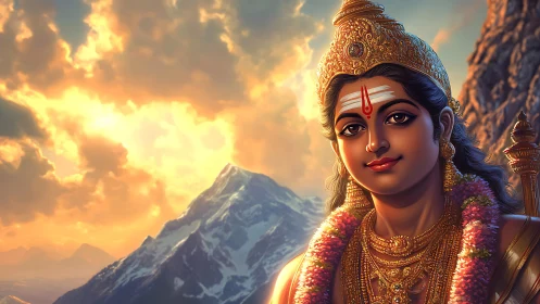 Radiant mountain deity smiling in golden evening light.