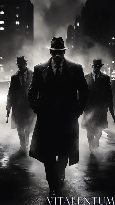 Noir gangsters stride through rain-soaked urban alleyway.