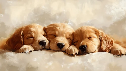 Three sleepy golden puppies snuggled together in soft warmth.