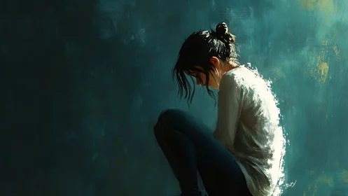 Solitary girl in shadowed corner with teal painted wall.