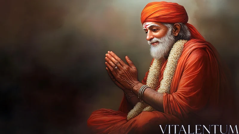 Elderly Hindu guru in orange robes with folded hands.
