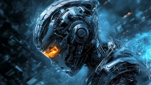 Cybernetic humanoid profile with illuminated visor in blue field.