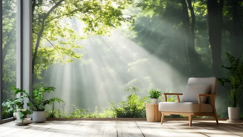 Serene forest-view lounge with sunlit minimalist armchair.