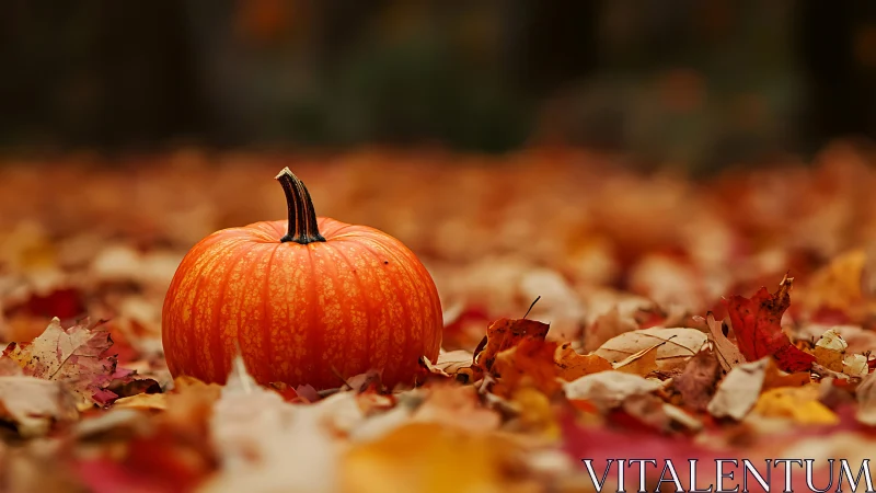 Pumpkin sits centered on dry autumn leaves in shallow focus