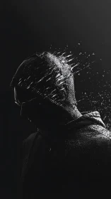 Shattering silhouette of a hooded ghost in grayscale dust storm.