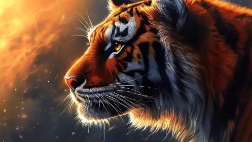 Fiery digital portrait of a tiger in dramatic side profile.
