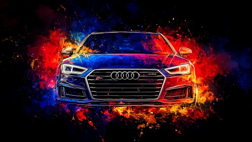 Colorful front view of a sports sedan in neon paint splash