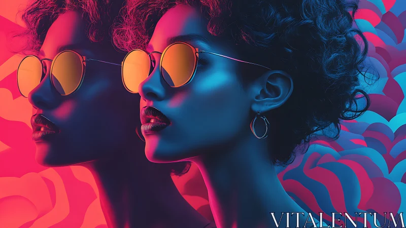 Neon-bath spectral portrait with mirrored chromatic sunglasses.