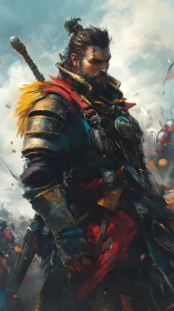 Battle-hardened warrior stands armored amid drifting embers