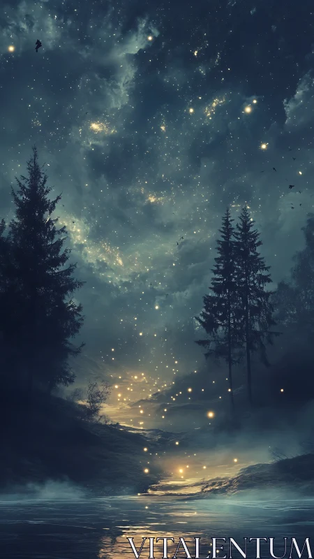 Starlit forest river under luminous cosmic night sky