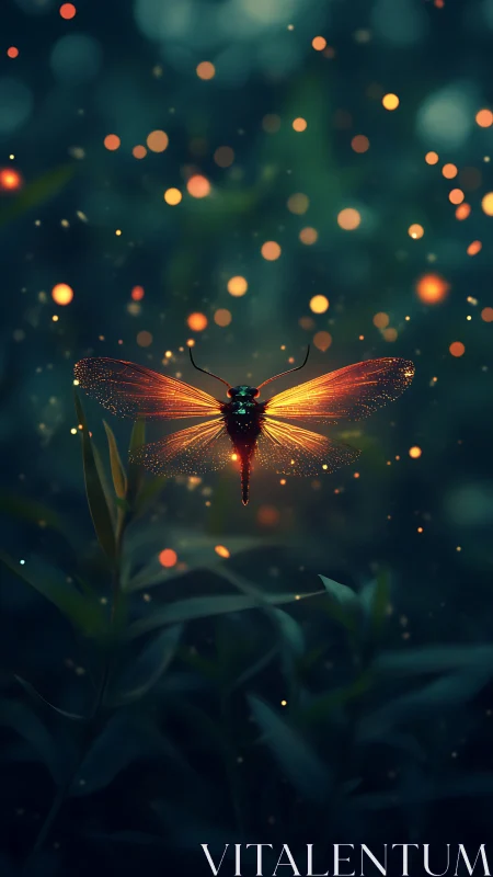 Illuminated dragonfly above foliage in dark forest setting.