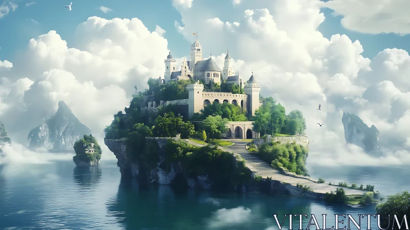 Floating Castle on Island Peak. Clouds, Water, Fantasy Architecture.