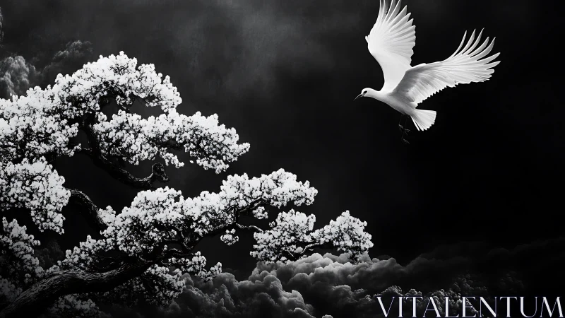 Monochrome egret in flight above luminous blossom tree.