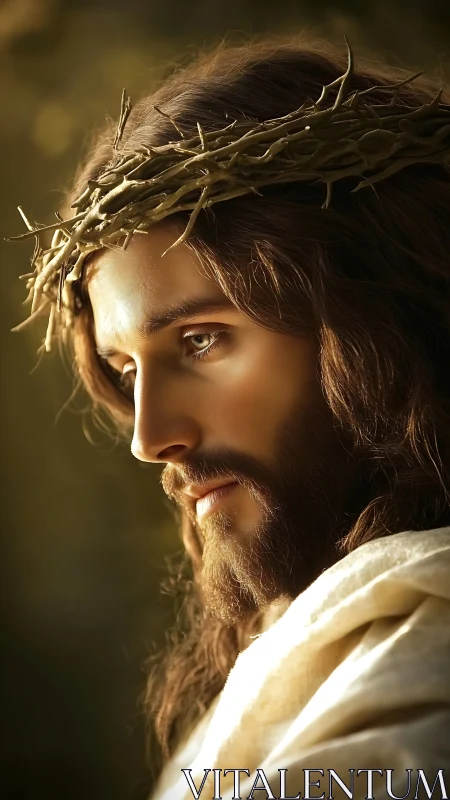 Side-lit bearded man in thorn crown with soft golden bokeh.