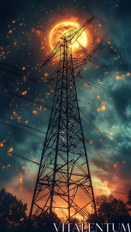 Electric tower silhouettes a blazing cosmic sun at dusk