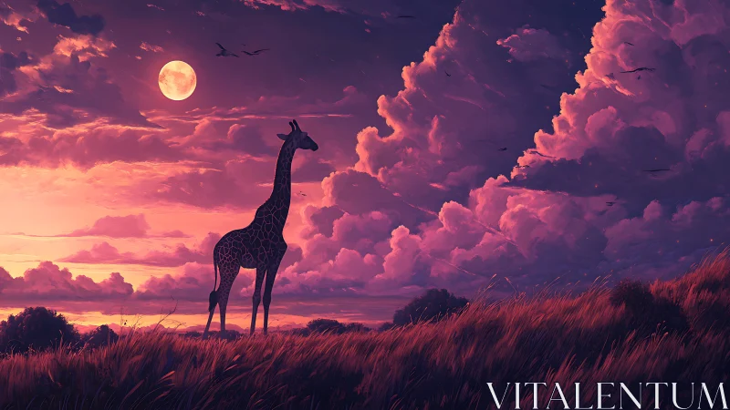 Giraffe silhouette under lunar dusk sky with magenta cumulonimbus