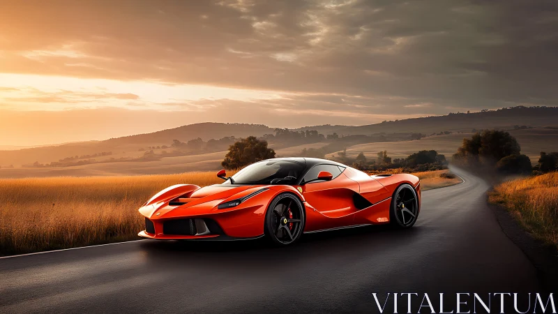 Red hypercar glides along rural road under warm sunset sky