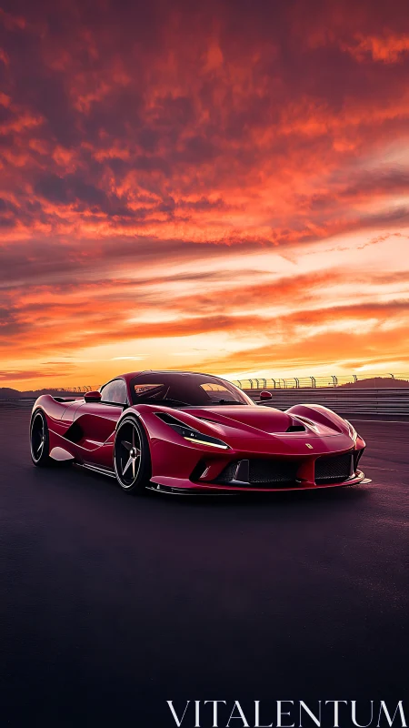 Sleek red supercar dominates racetrack at blazing sunset.