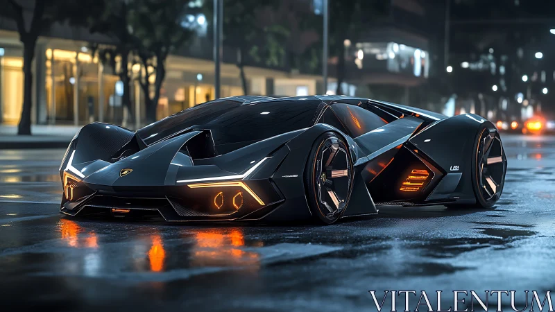 Midnight supercar prowling neon city streets in style.