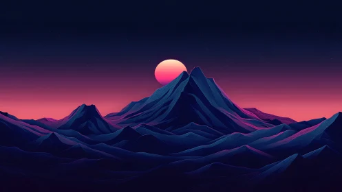 Neon dusk mountains frame surreal solar horizon glow.