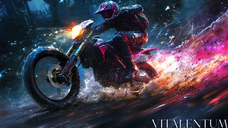 Neon dirt bike rider cuts stormy trail through wet night.