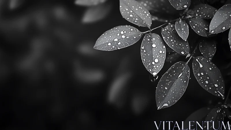 Monochrome close-up shows wet elliptical leaves in focus