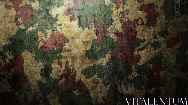 Weathered camouflage wall glows in moody, mottled light.