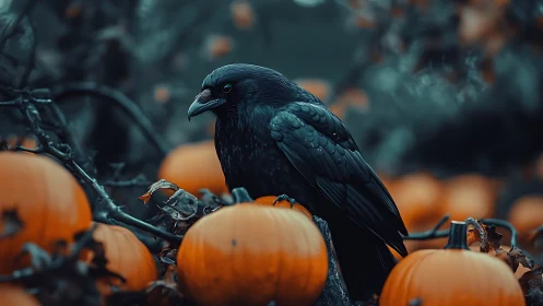 Black crow perched on branch amid orange pumpkins with moody atmospheric lighting