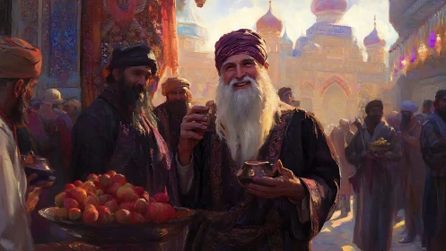 Sunlit bazaar elder delighting in spiced drink and fruit.