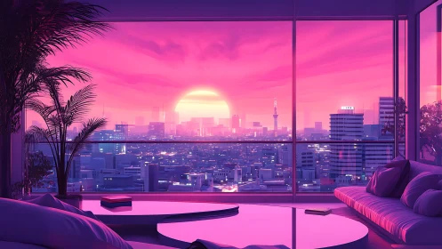 Neon city sunset from glass-walled minimalist penthouse.