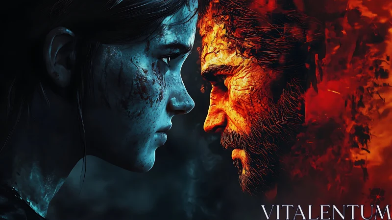 Dual portrait in icy blue and burning ember reds.