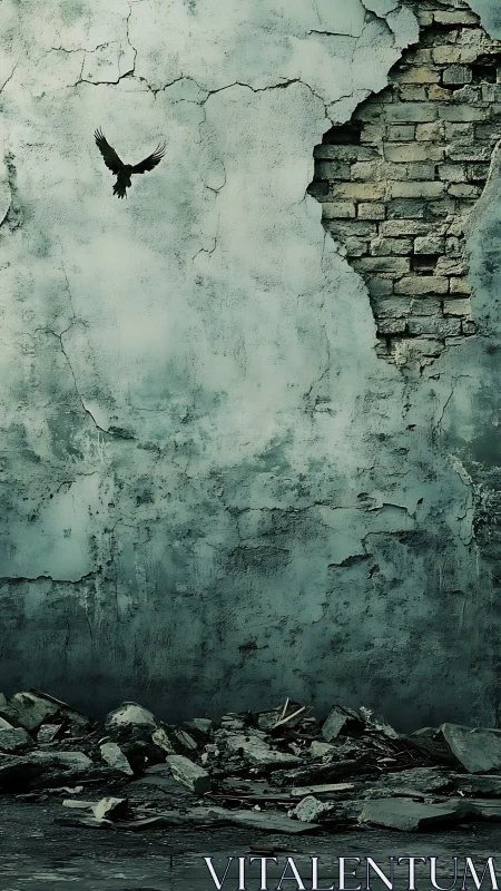 Solitary black bird rises above crumbling teal wall.