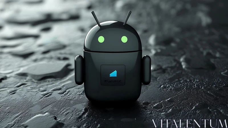 Playful black robot mascot glowing on a slick dark floor.