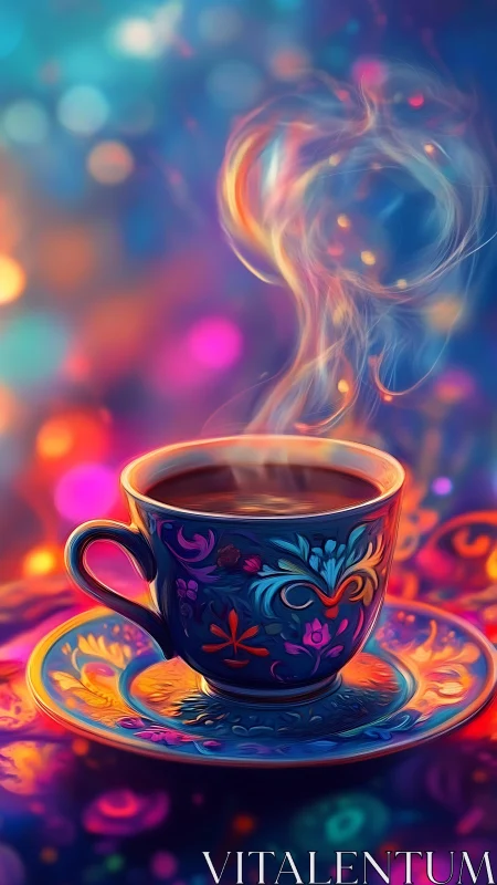 Ornate tea cup glows in dreamy neon bokeh ambiance.