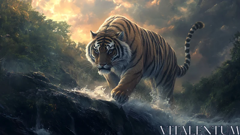 Sunlit tiger strides boldly through rushing forest river