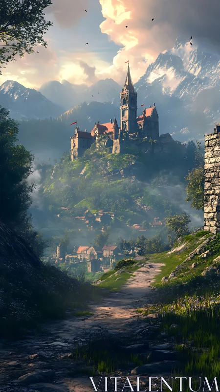 Sunlit mountain citadel crowning a misty medieval valley.