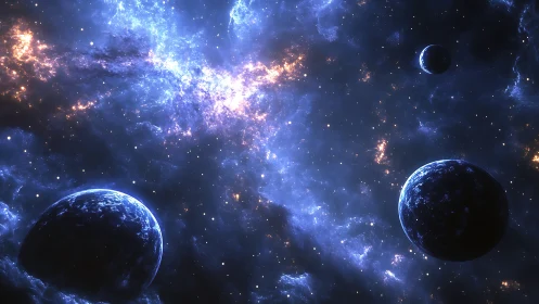 Nebula-lit triad of alien worlds adrift in cobalt starlight.