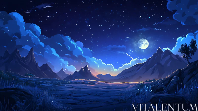 Moonlit mountain valley under deep starry indigo sky