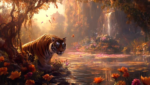 Sunlit tiger guardian at an enchanted floral waterfall pond.