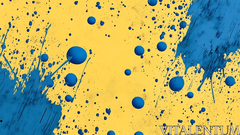 Dynamic blue paint splatter on yellow background, abstract style.