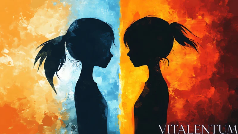 Silhouetted girls face each other across blue and orange divide