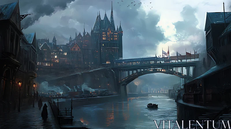 Steampunk river cityscape renders misty industrial twilight