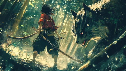 Samurai stands in forest facing large spectral wolf calmly