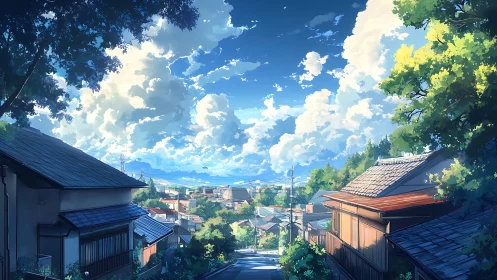 Summer hillside town street under expansive cloud sky.