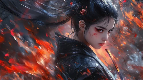 Sword-wielding woman amid swirling fire and embers.